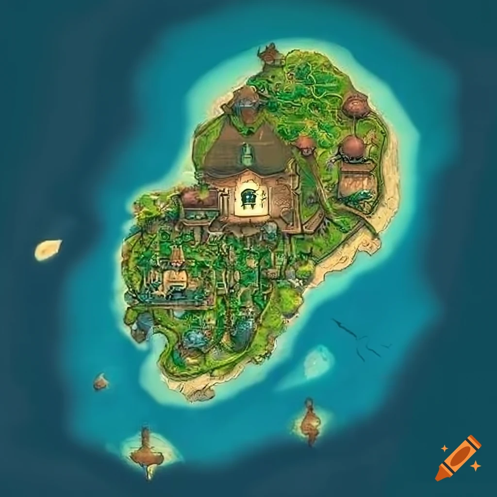 Fantasy world map with colorful island, golden island, and monastery