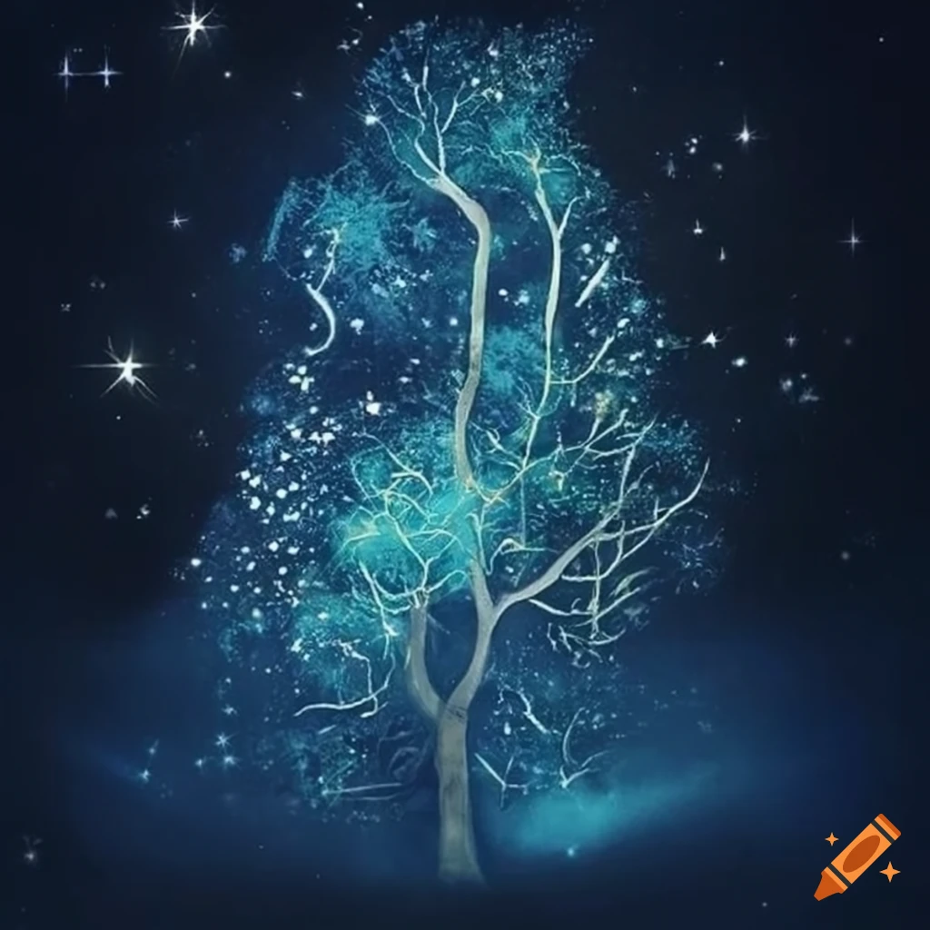 Ephemeral aether with zodiac constellations and forest tree drawings