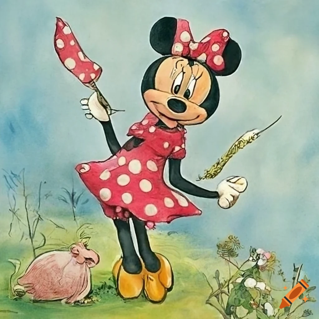 Minnie Mouse in tall and beautiful form in a storybook illustration