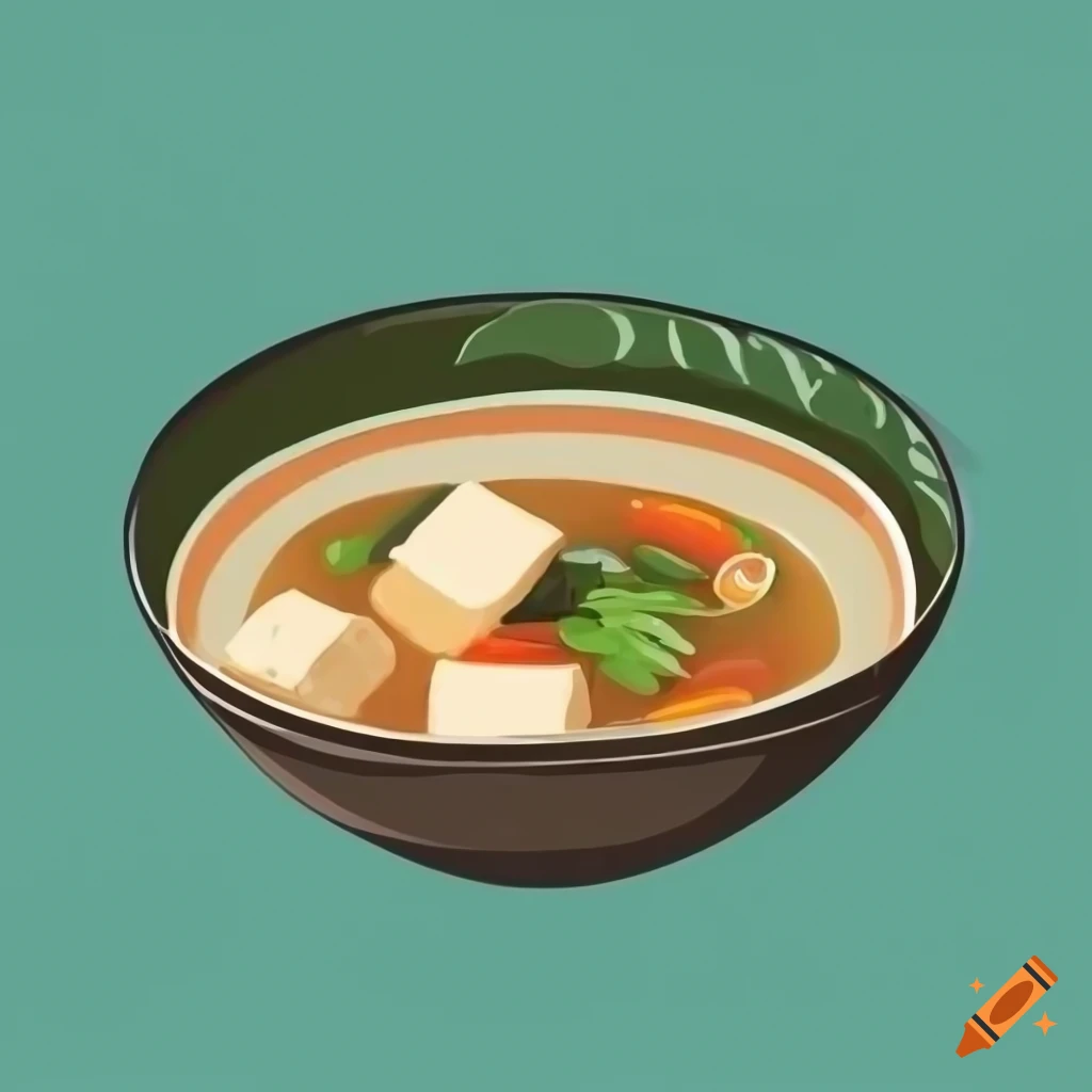 Delicious bowl of miso soup with tofu, spring onion, and nori toppings in cartoon style