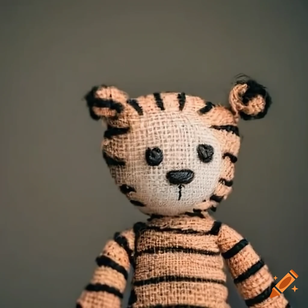 Cute burlap doll Hobbes with jealous crowd label in slow motion