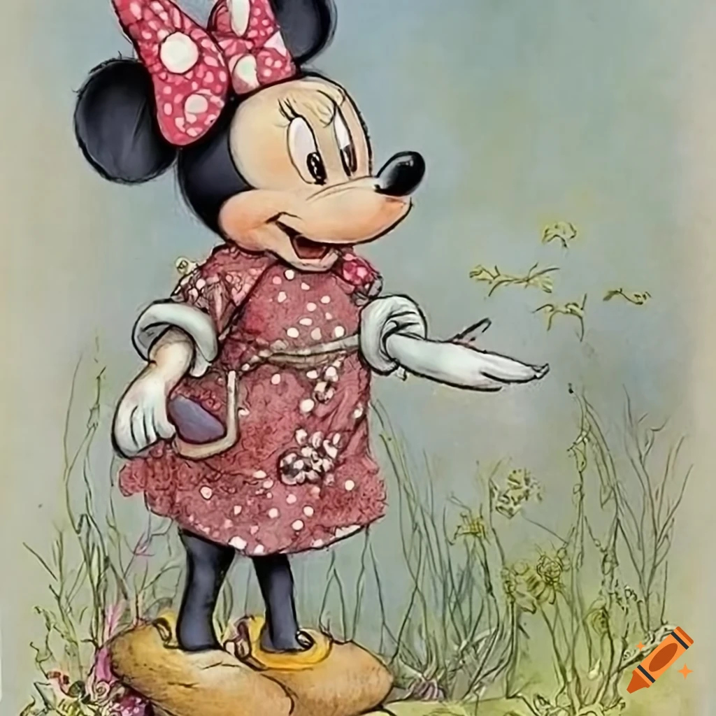 Minnie Mouse in tall and beautiful form in a storybook illustration