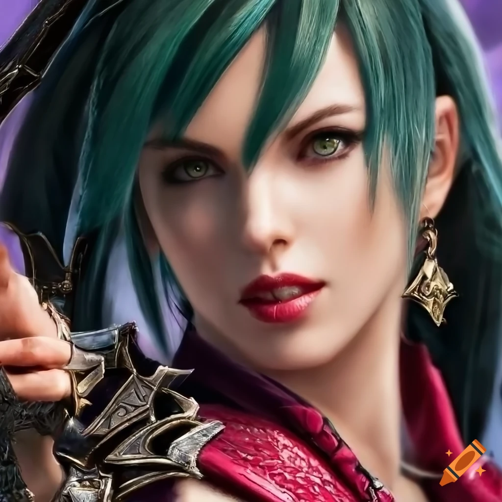 Portrait of a beautiful woman resembling isabella "ivy" valentine from soul calibur series on