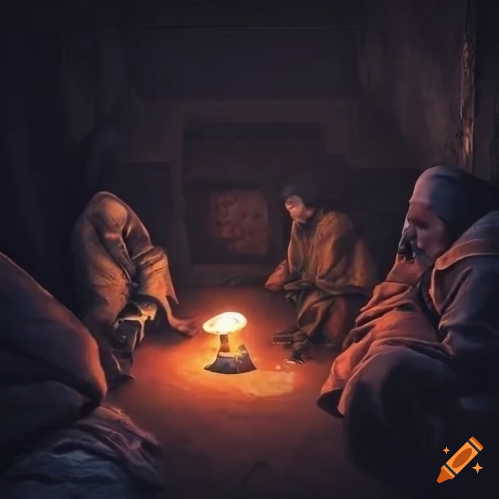 Basement with makeshift homes and monks in a cold and dark environment