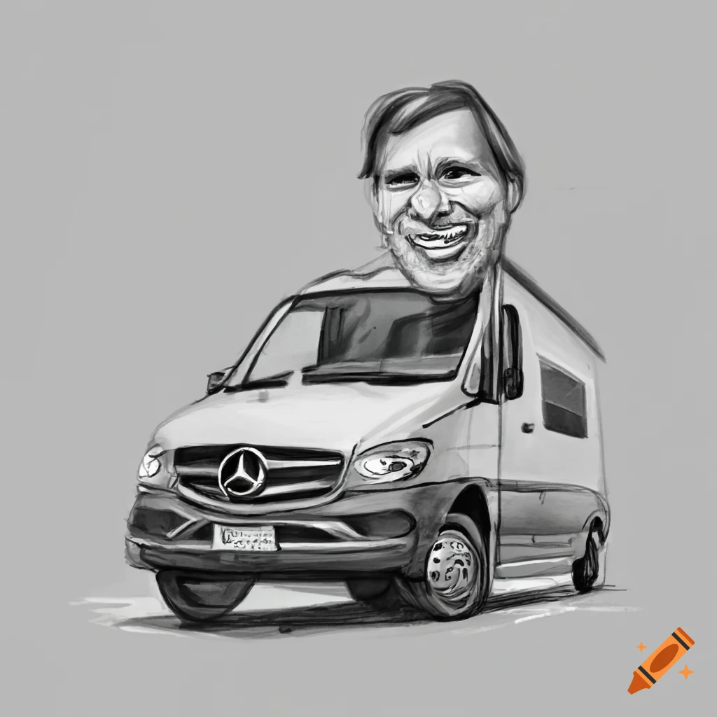 Caricature of a man driving a motorhome with a woman passenger over Tacoma Narrows Bridge with a giant Pacific Octopus