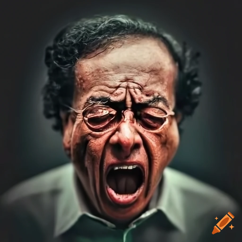 Close-up of anguished person with emotional outburst on black background