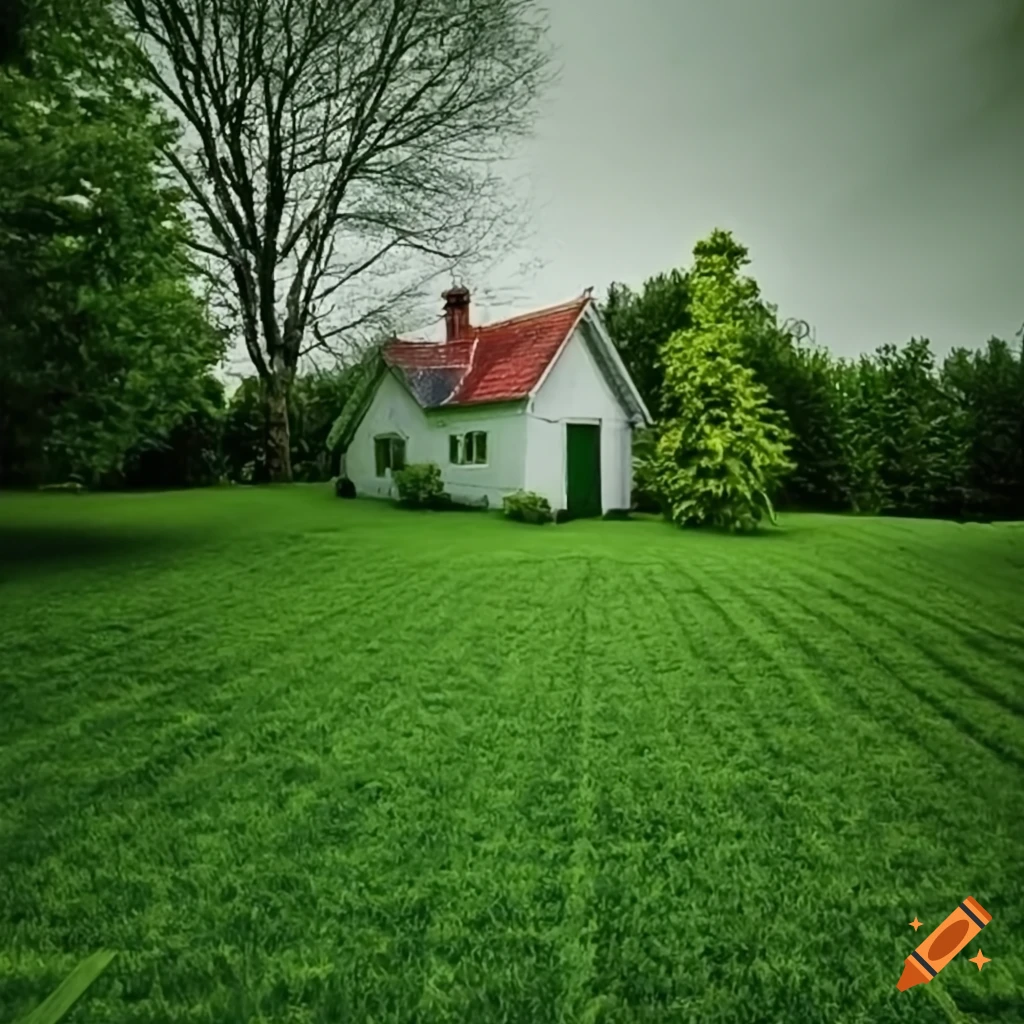 Non-linear liminal photograph of a single cottage with a green lawn