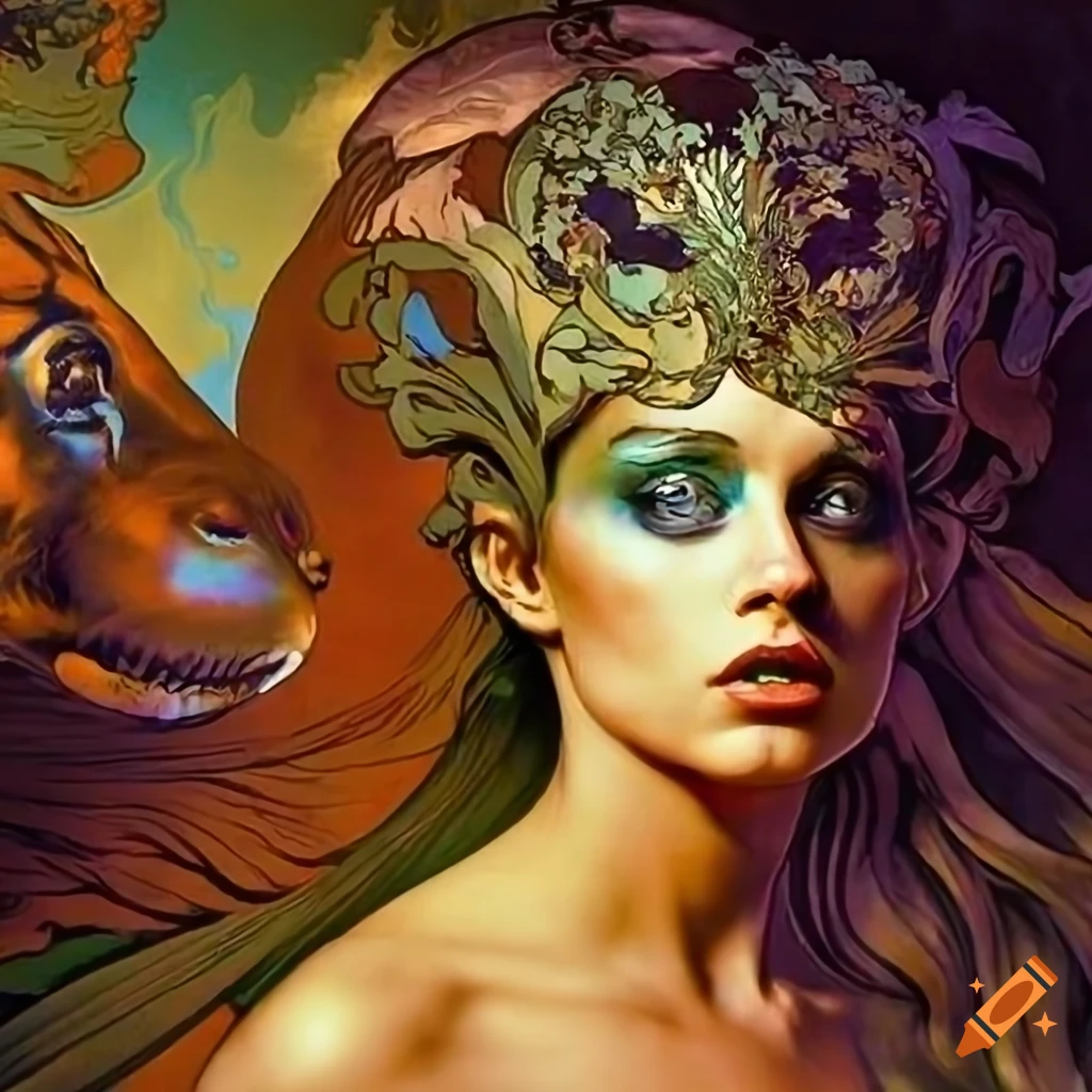 Iridescent deep ember lighting with a tropical werewolf inspired by Boris Vallejo, Alphonse Mucha, Escher, and Vermeer
