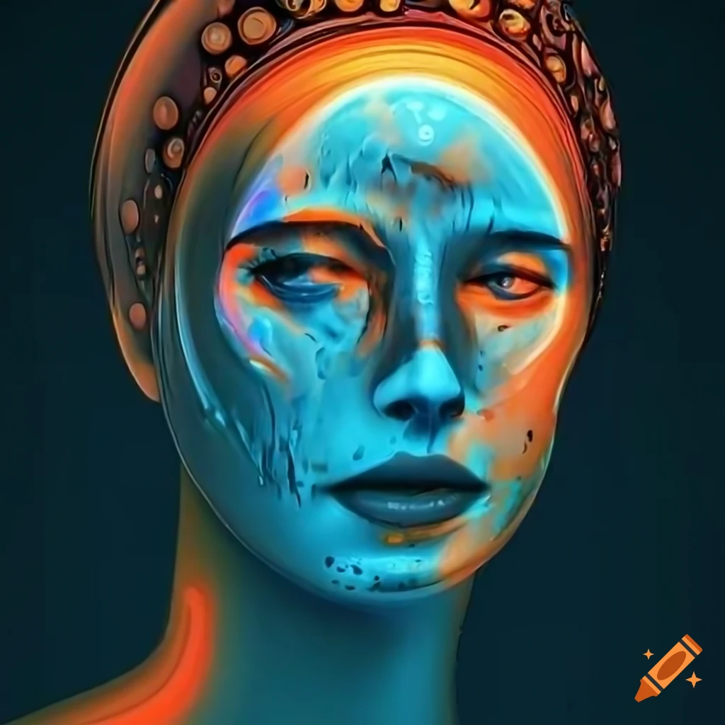 Biomechanoid woman face with metallic surfaces in a detailed abstract painting