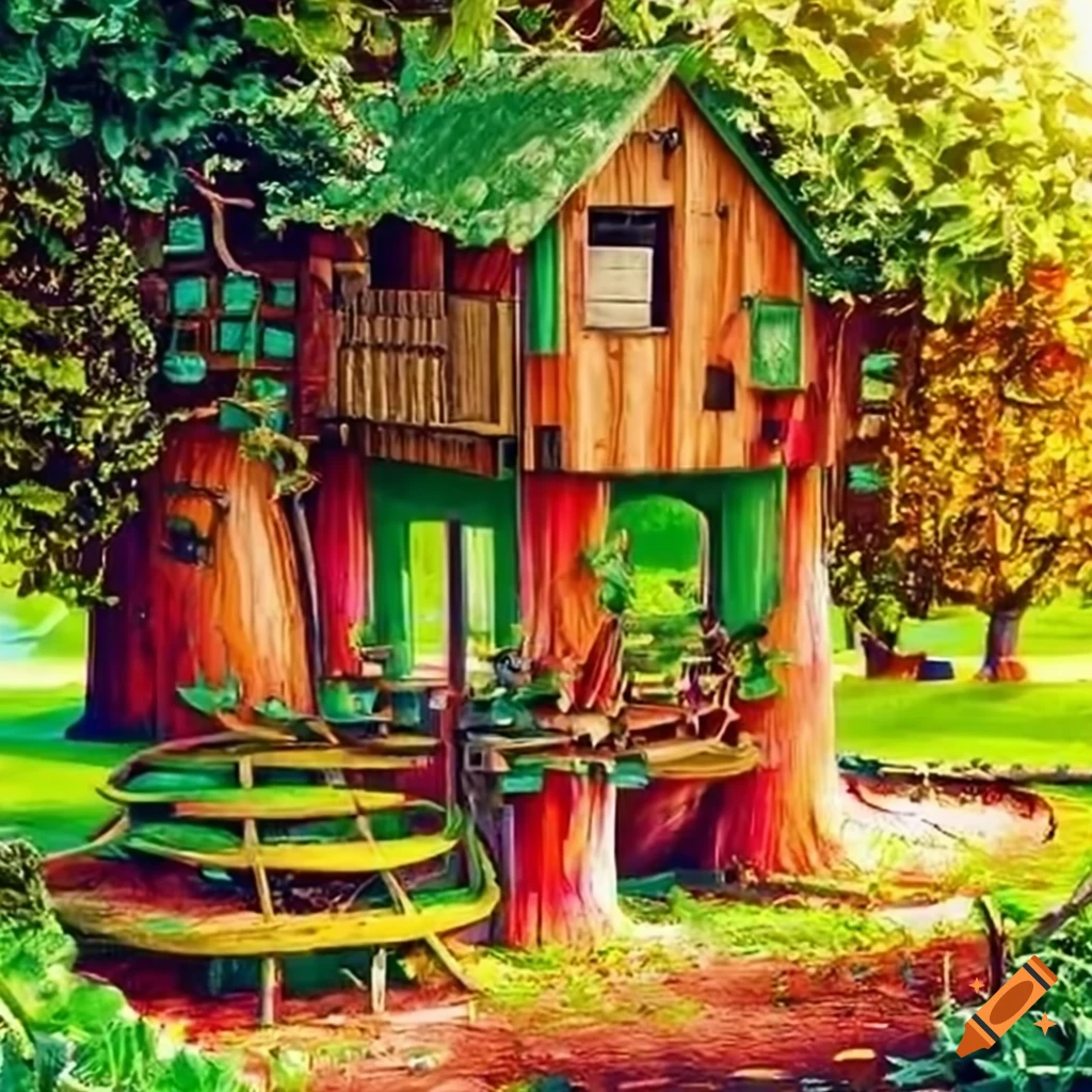 Vibrant vegetable garden and fruit trees with a dreamlike treehouse