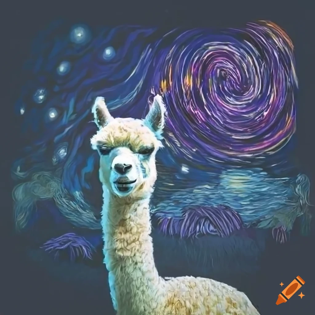Alpacas in a van Gogh Starry Night themed background