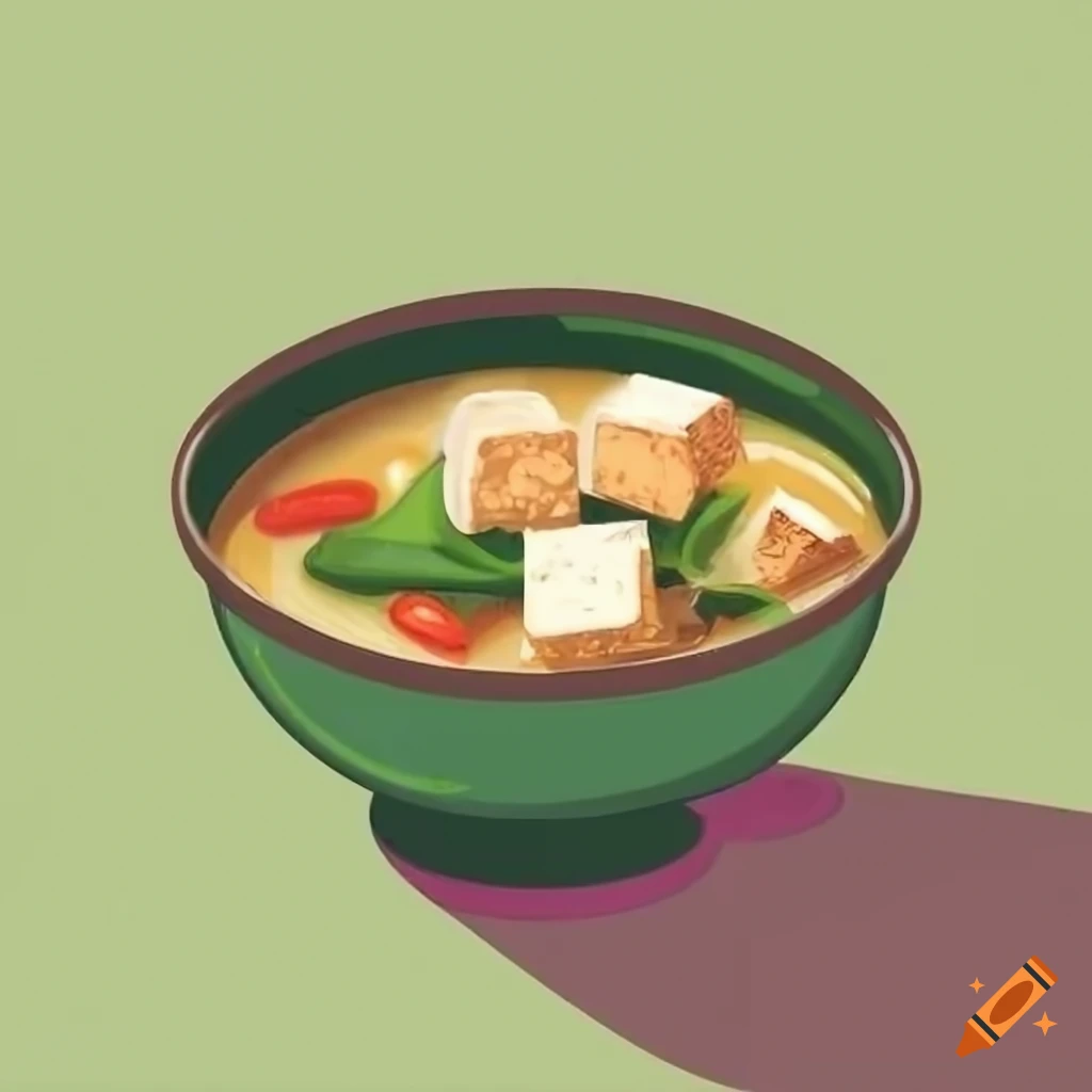 Delicious bowl of miso soup with tofu, spring onion, and nori toppings in cartoon style