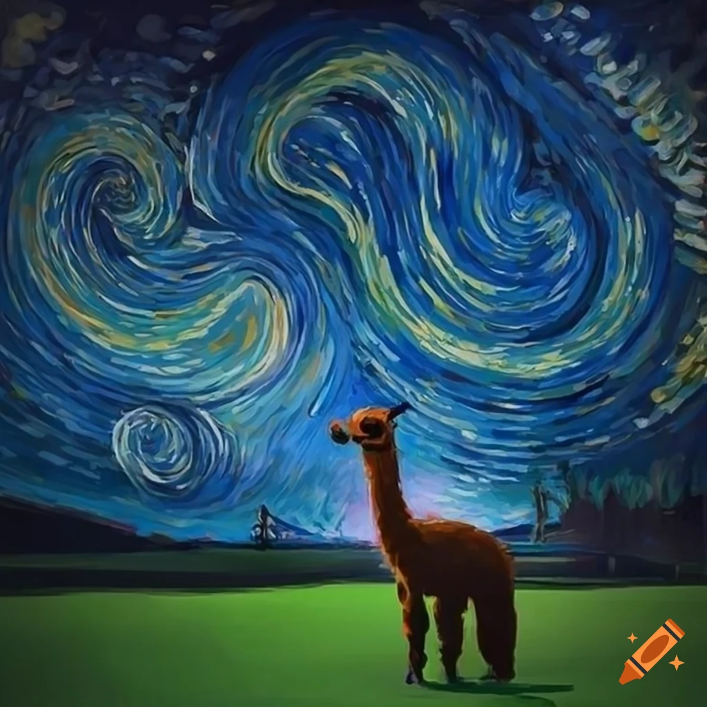 Alpacas in a van Gogh Starry Night themed background