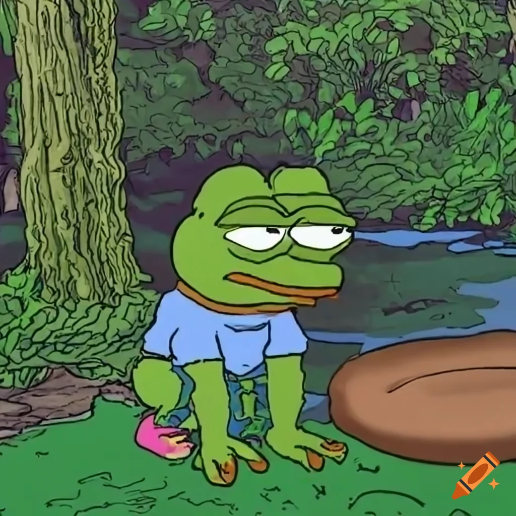Pepe the frog meme in a tranquil natural setting with lush greenery and a flowing river