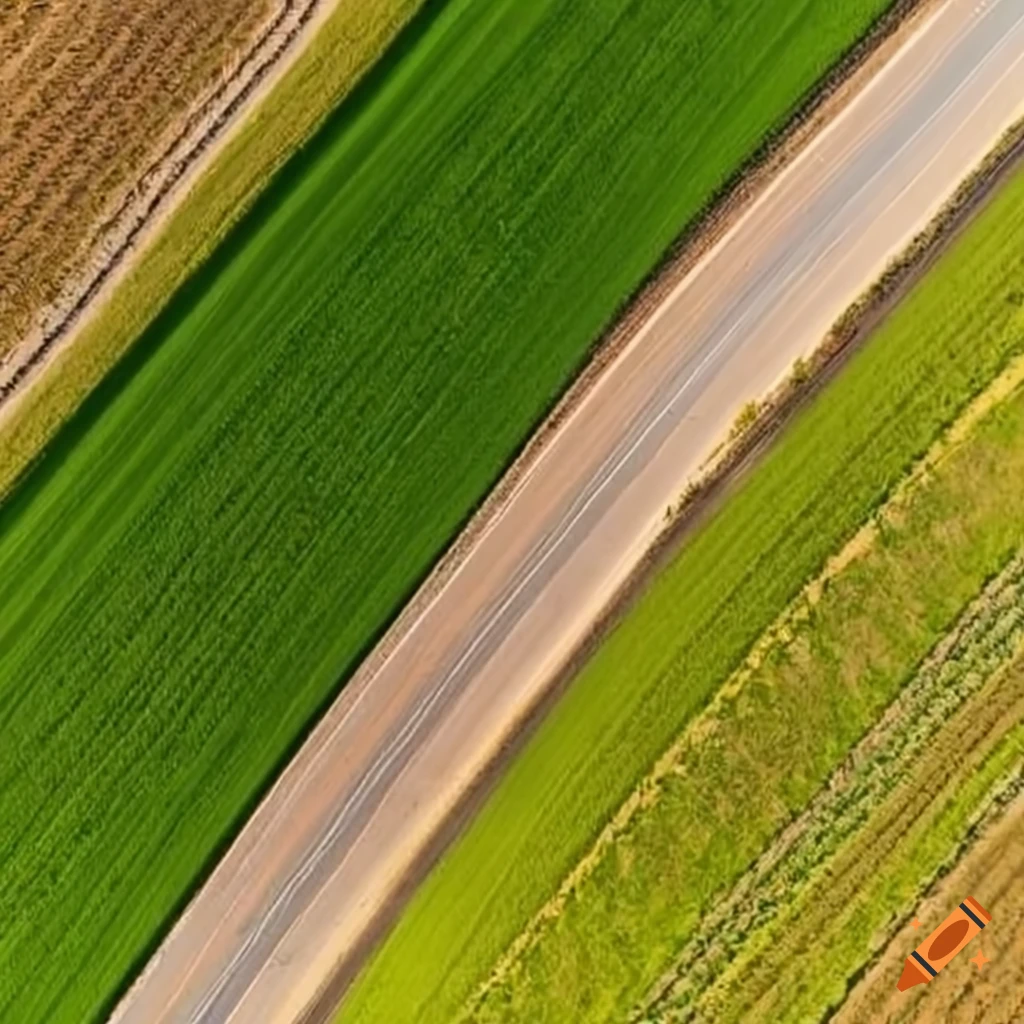 Aerial view of agricultural fields intersected by a road