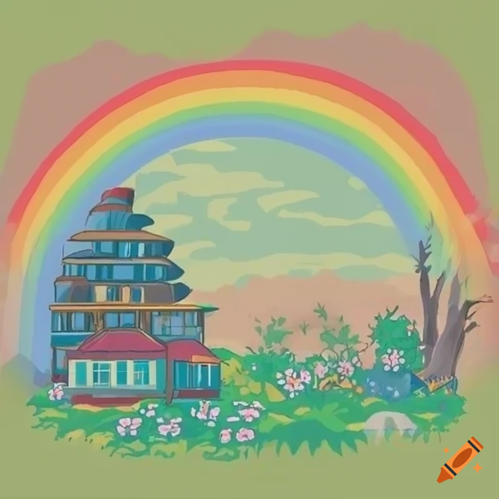 Rainbow over a forest with flowers and a building in Ghibli style