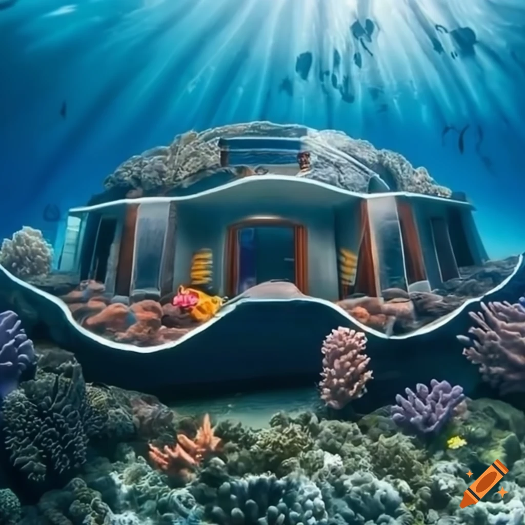 Underwater house with coral reef and freediver