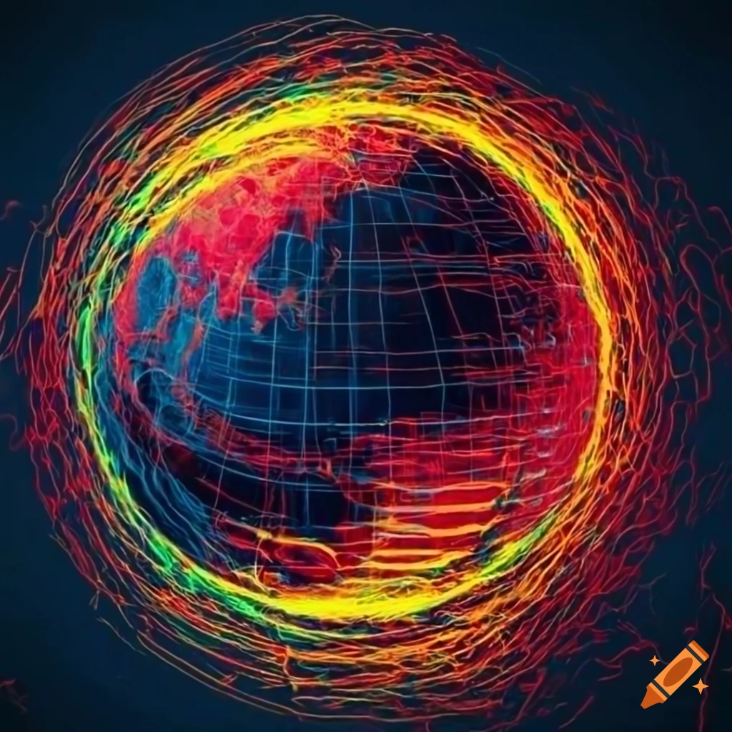 World data science visualization on a dark background with red and yellow streaks