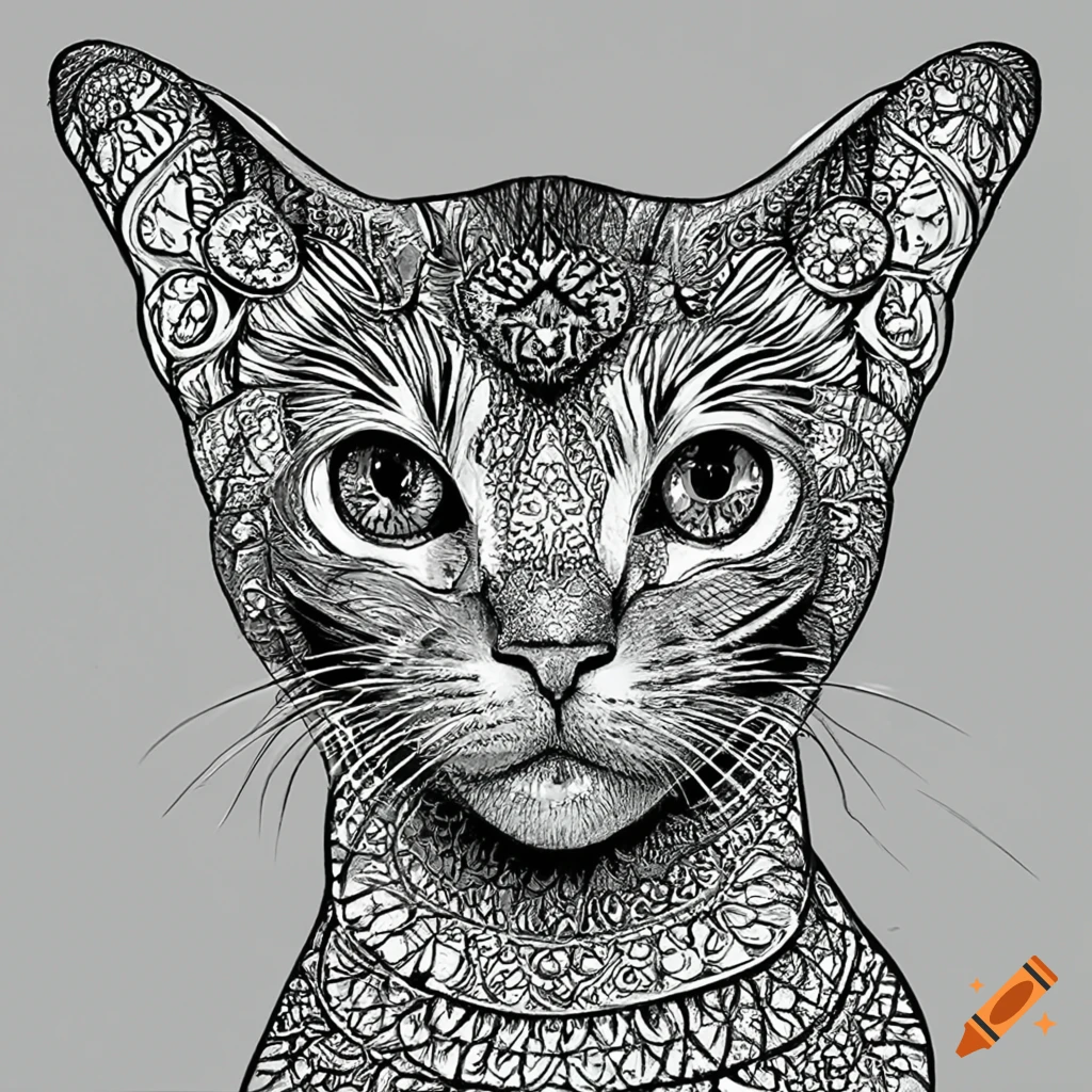 Coloring page of a cute abyssinian cat face with mandala design for
