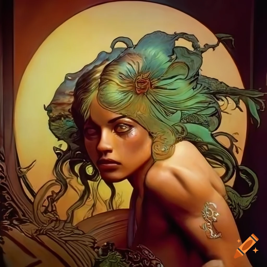 Iridescent deep ember lighting with a tropical werewolf inspired by Boris Vallejo, Alphonse Mucha, Escher, and Vermeer