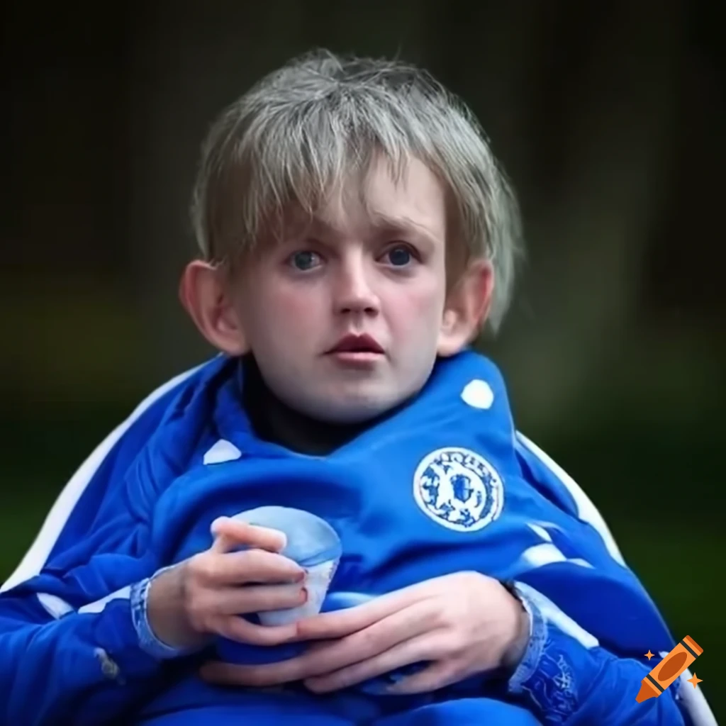 Chelsea football supporter on a park bench with a solemn expression