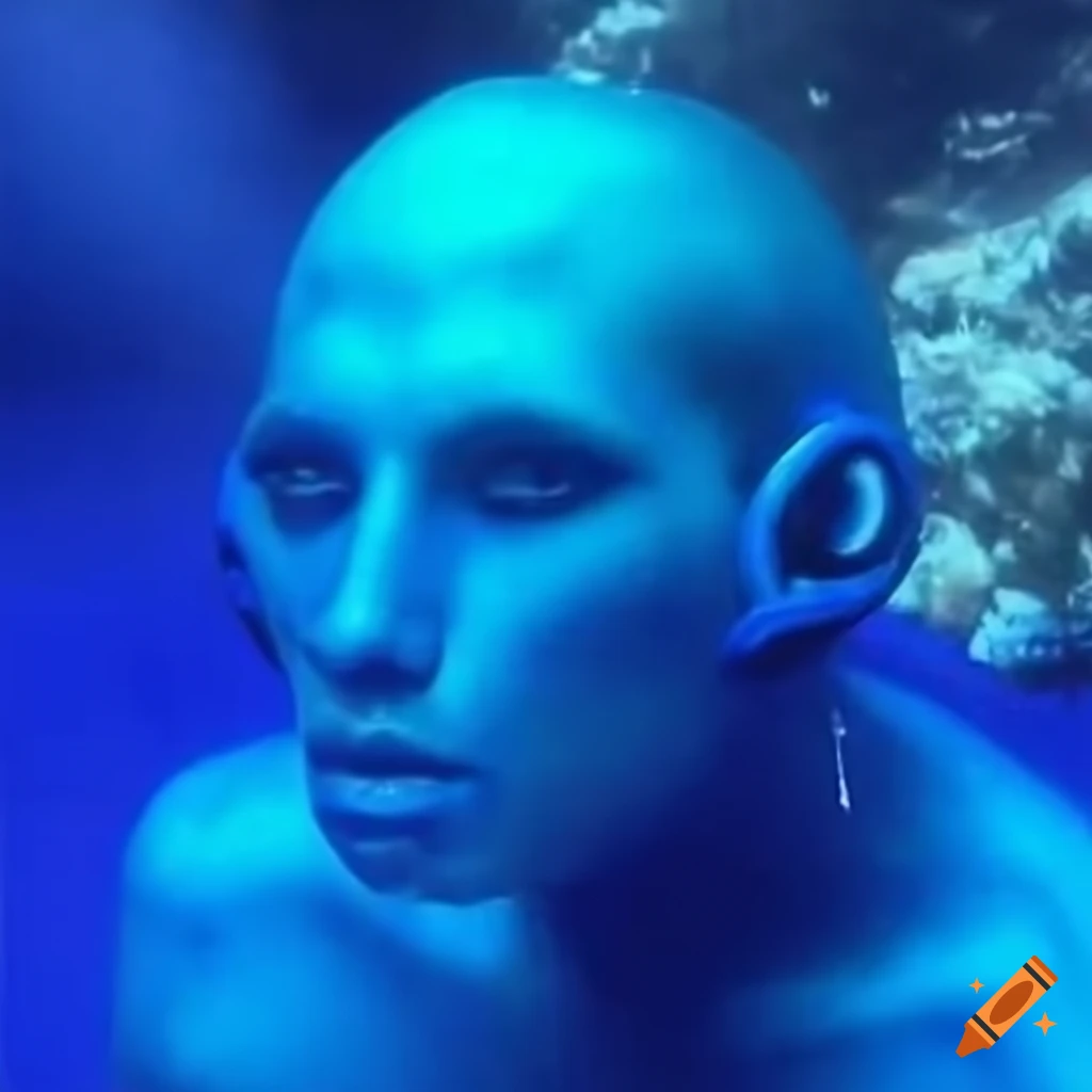 Blue man listening to music underwater with a Y2K aesthetic