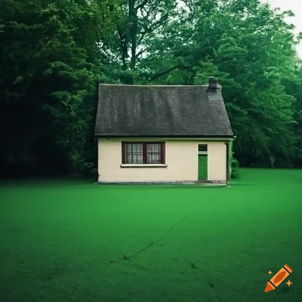 Non-linear liminal photograph of a single cottage with a green lawn