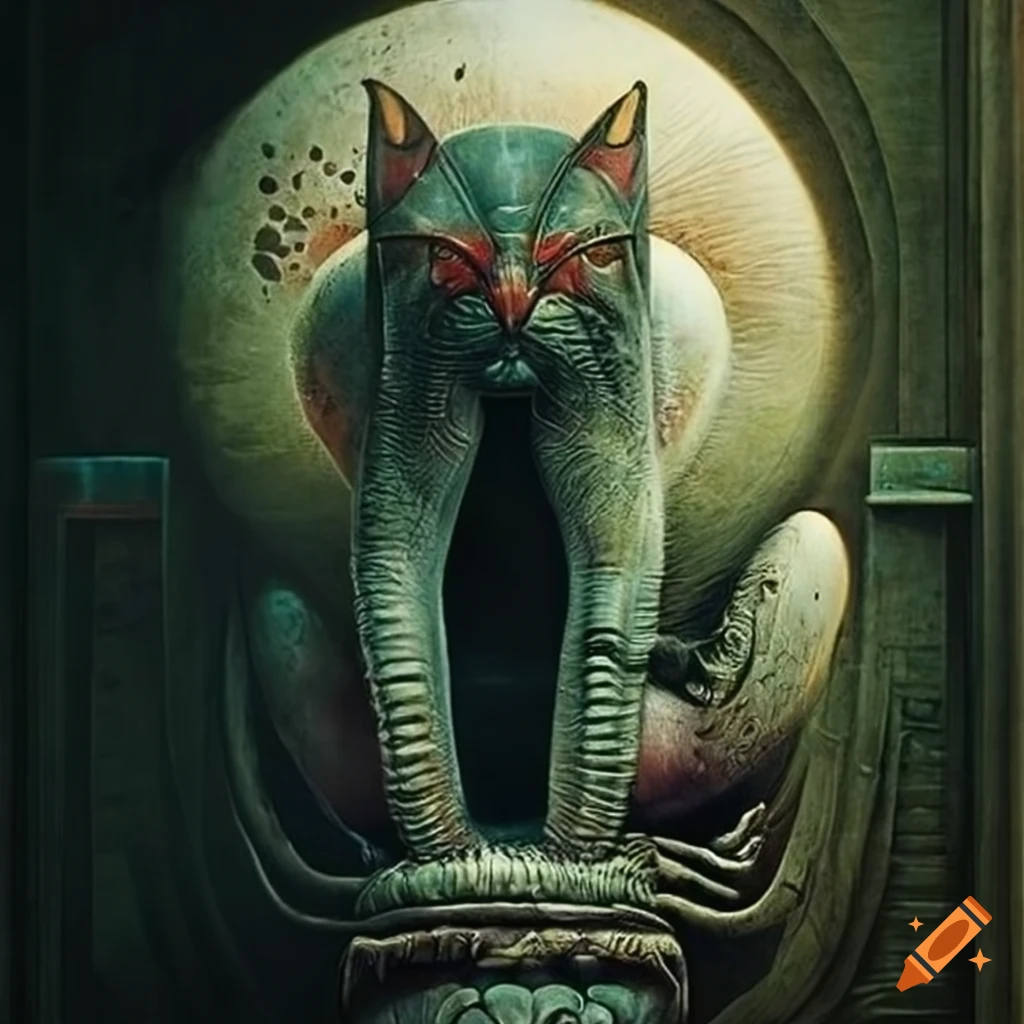 Surrealist artwork of biomechanical felines by H.R. Giger and Zdzisław Beksiński