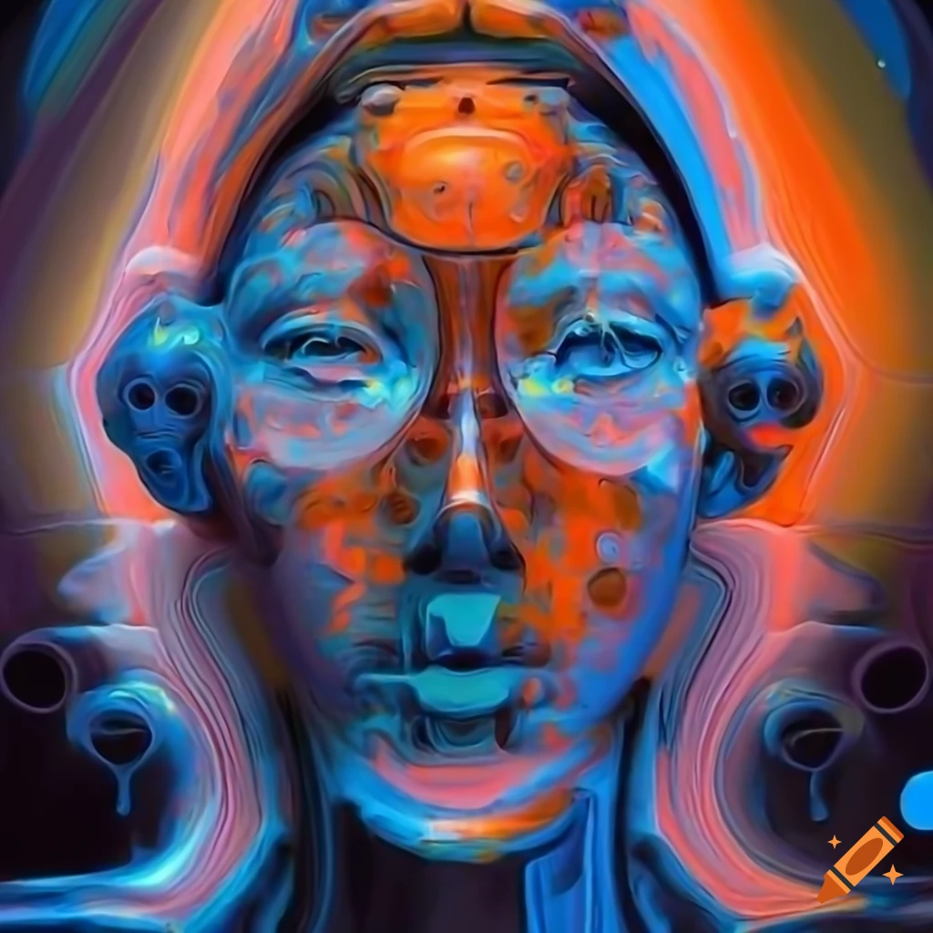 Biomechanoid woman face with metallic surfaces in a detailed abstract painting