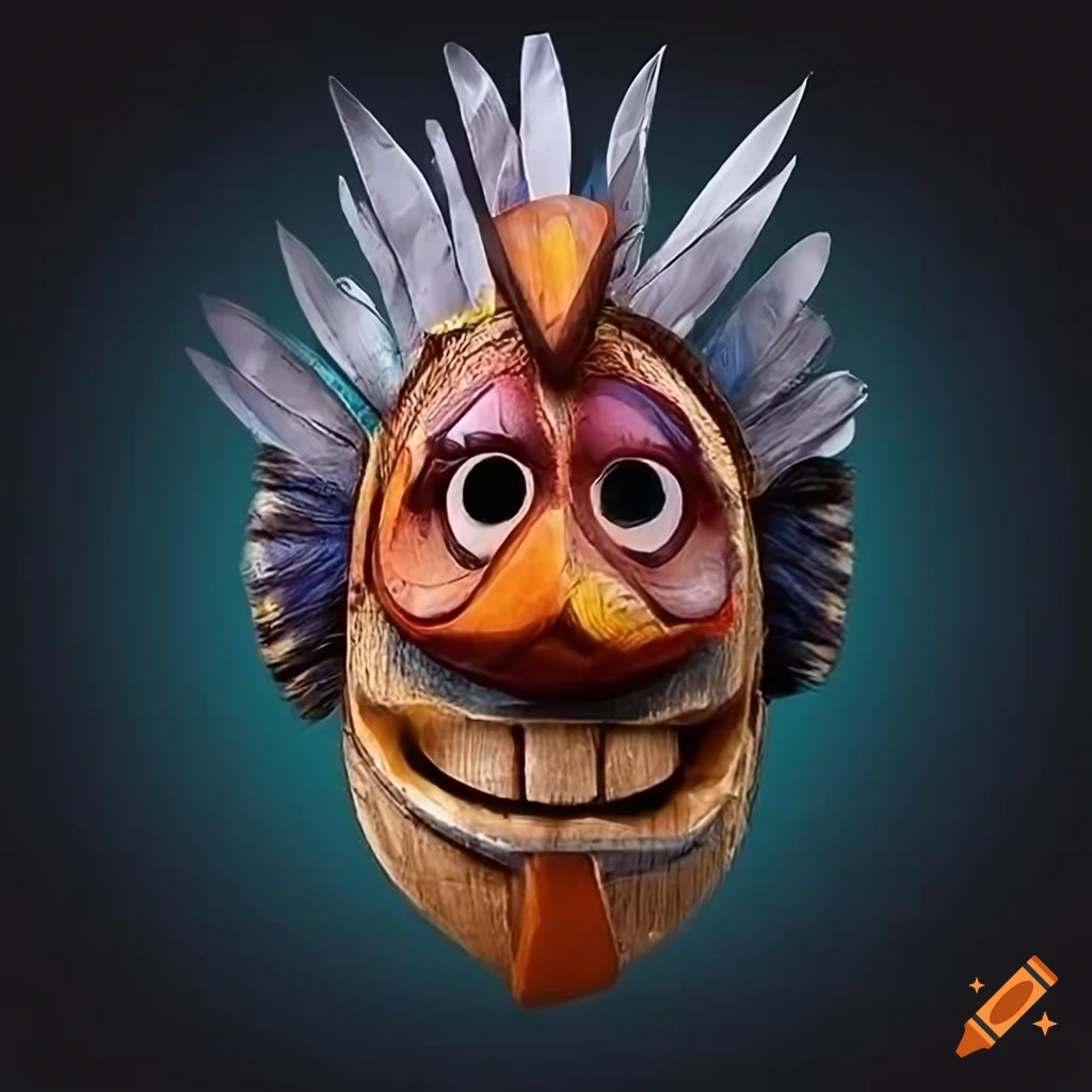 Vibrant Sumarian wooden mask with feather headdress and colorful eyes
