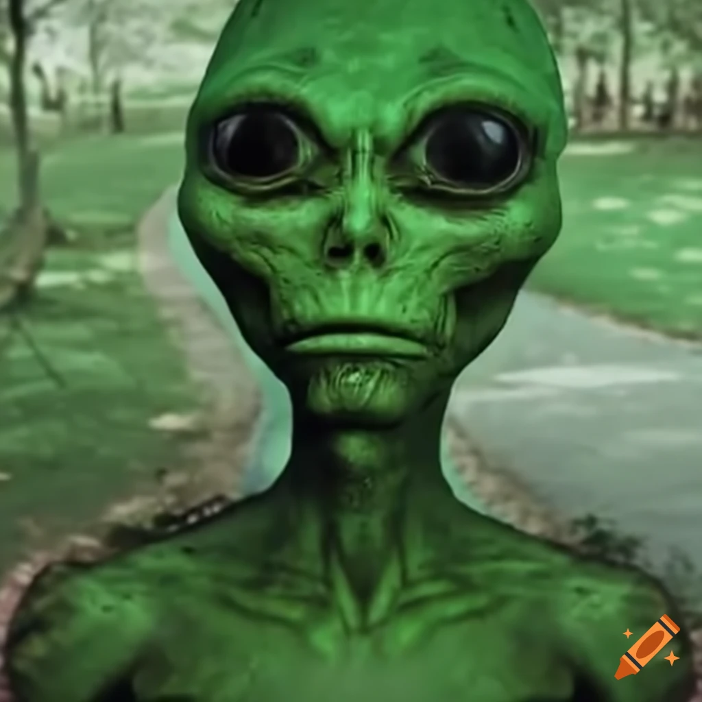 Indian man with green alien in a park found footage