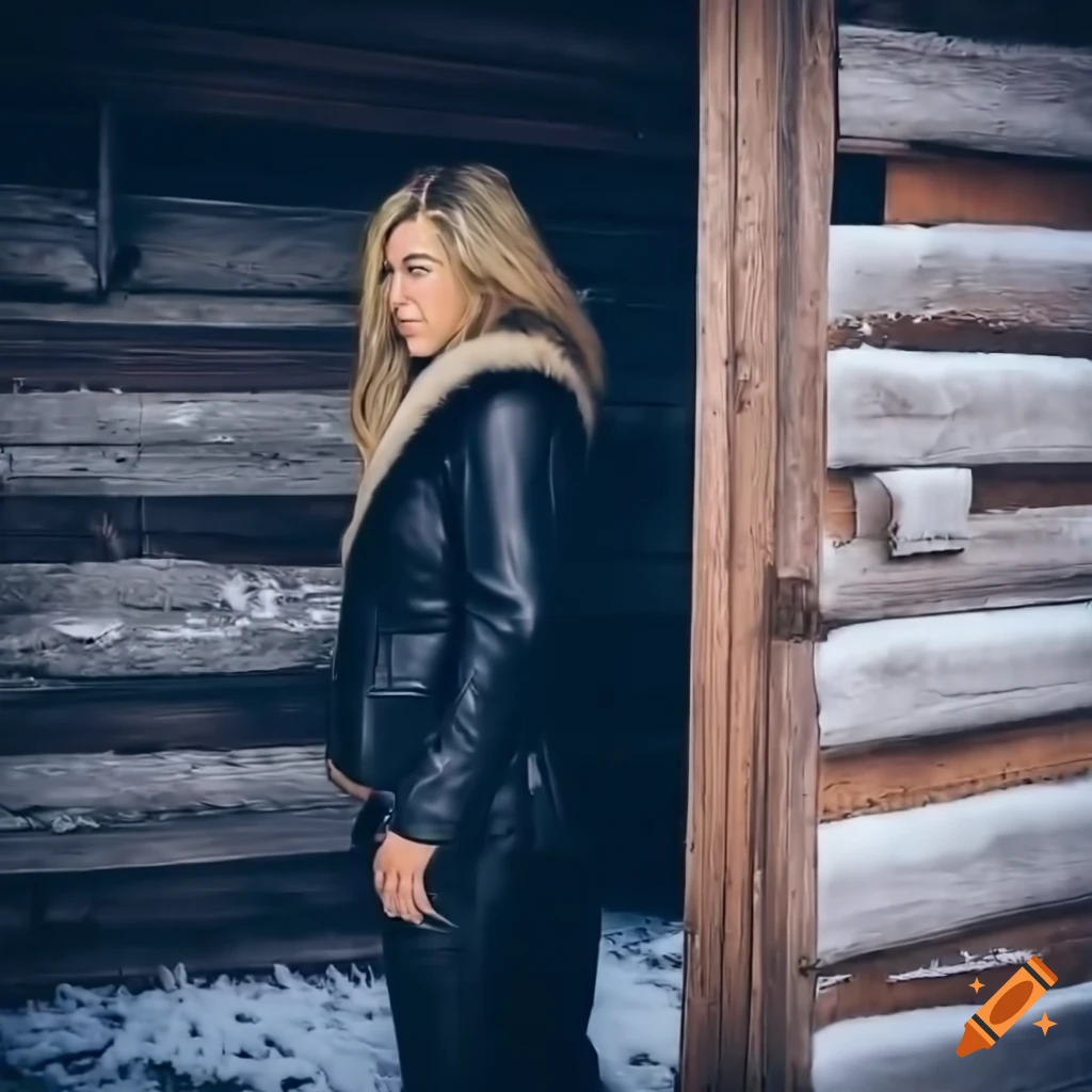 Actress in sheepskin bomber jacket and leather trousers standing in barn doorway
