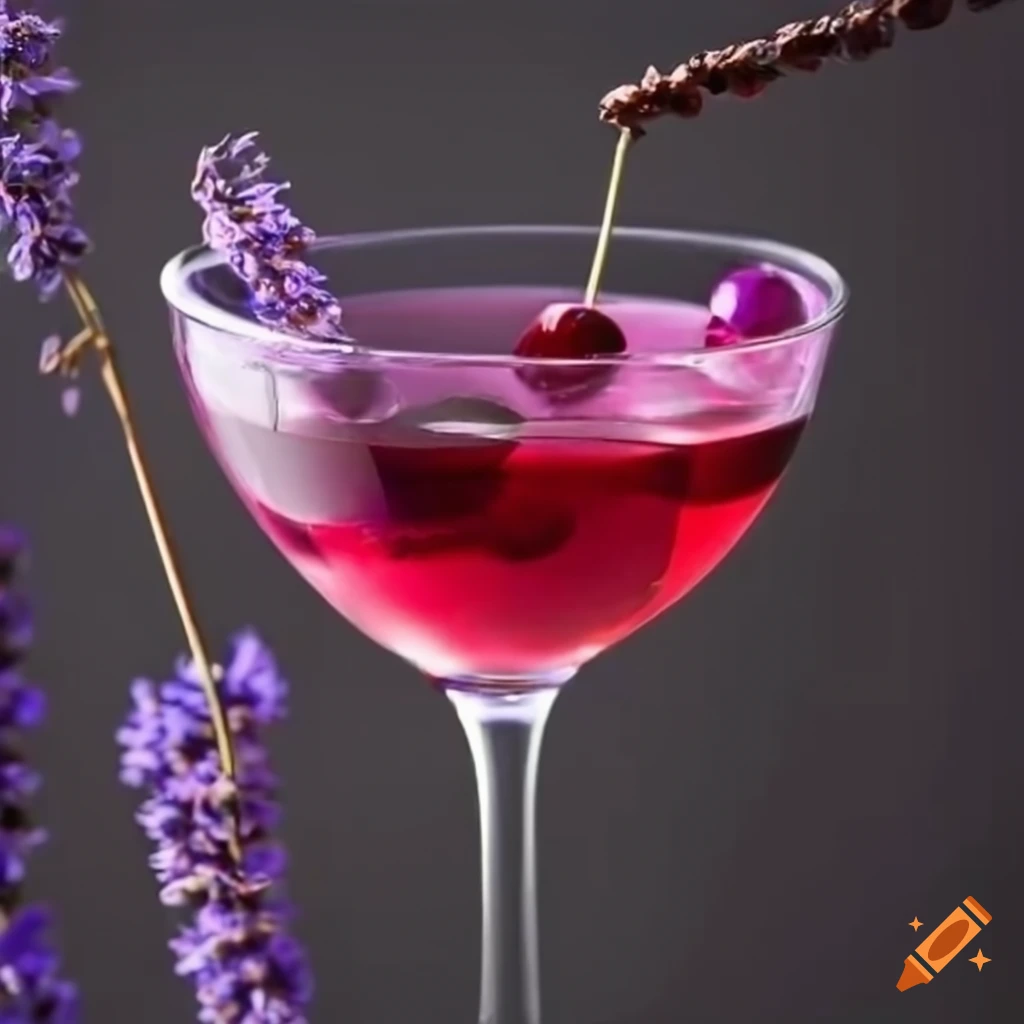 Cocktail with lavender and cherry in a wine glass