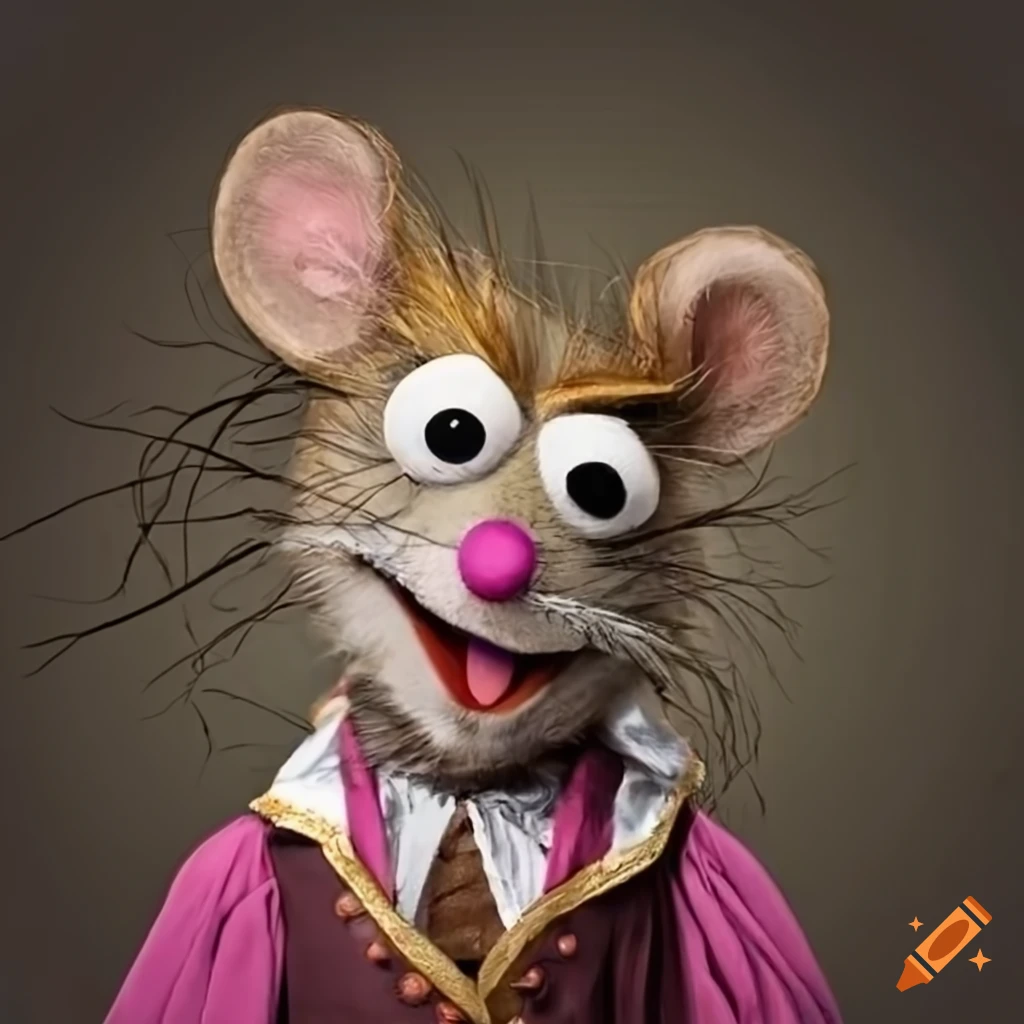 Anthropomorphic mouse in renaissance costume posing for school portrait like a muppet