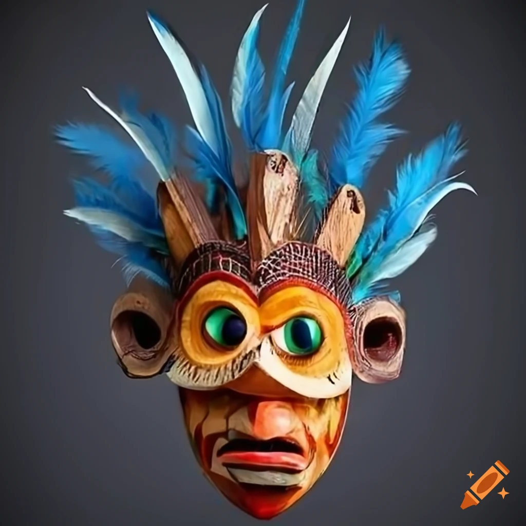 Intricately detailed Sumerian wooden mask with colorful feathers and vibrant colors