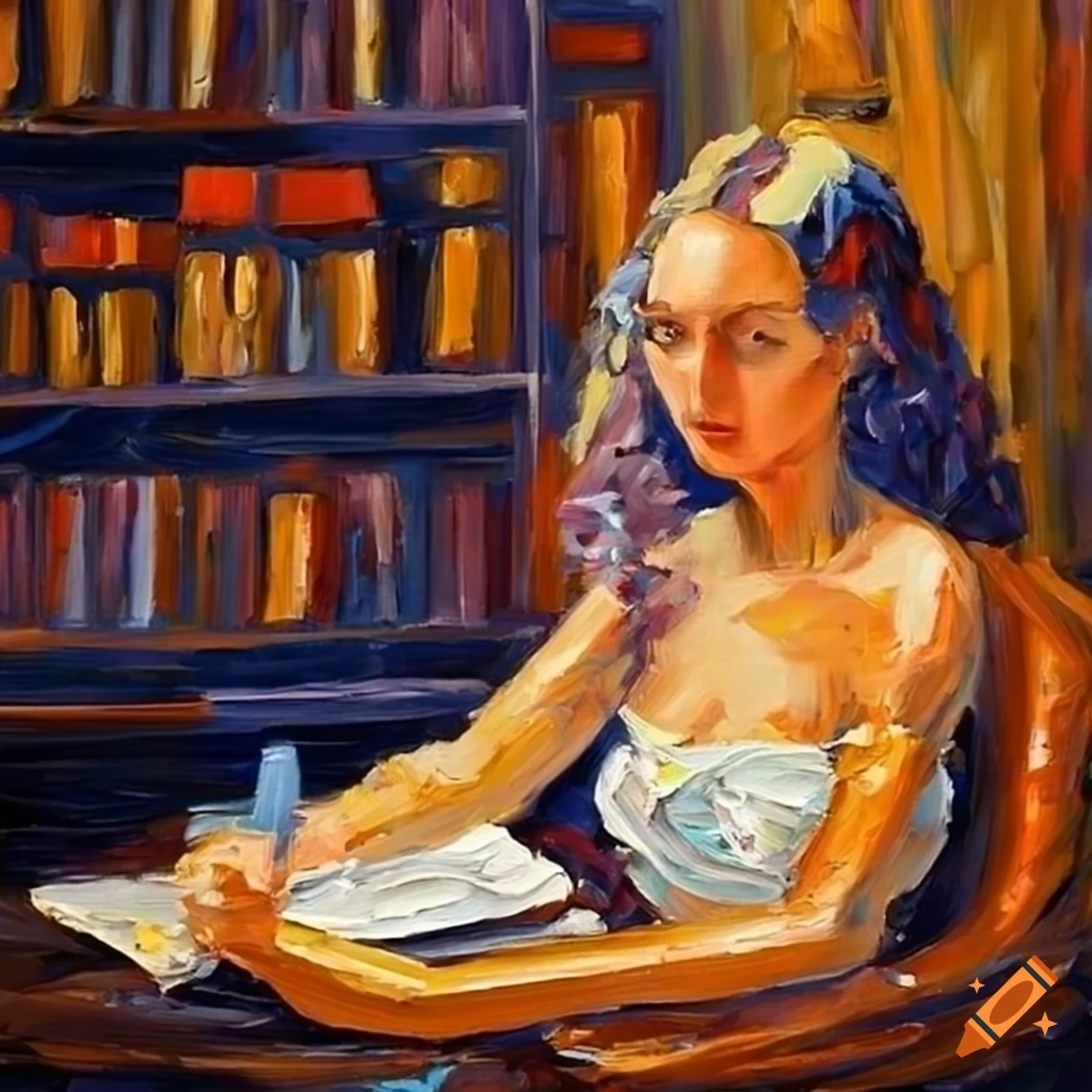 Sorceress studying in a grand library in impressionist palette knife painting