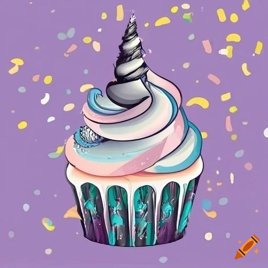 Greyscale unicorn cupcake with buttercream frosting on a confetti background