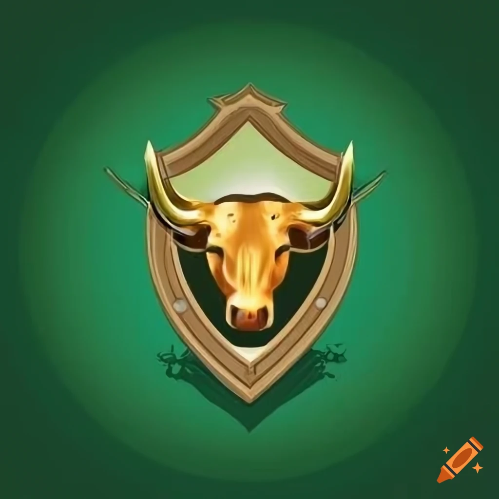Golden bull with large horns on shield emblem against green background