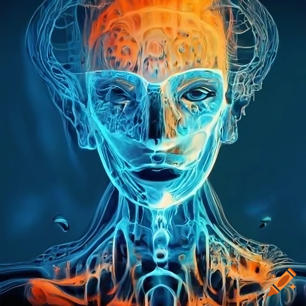 Biomechanoid woman face with metallic surfaces in a detailed abstract painting