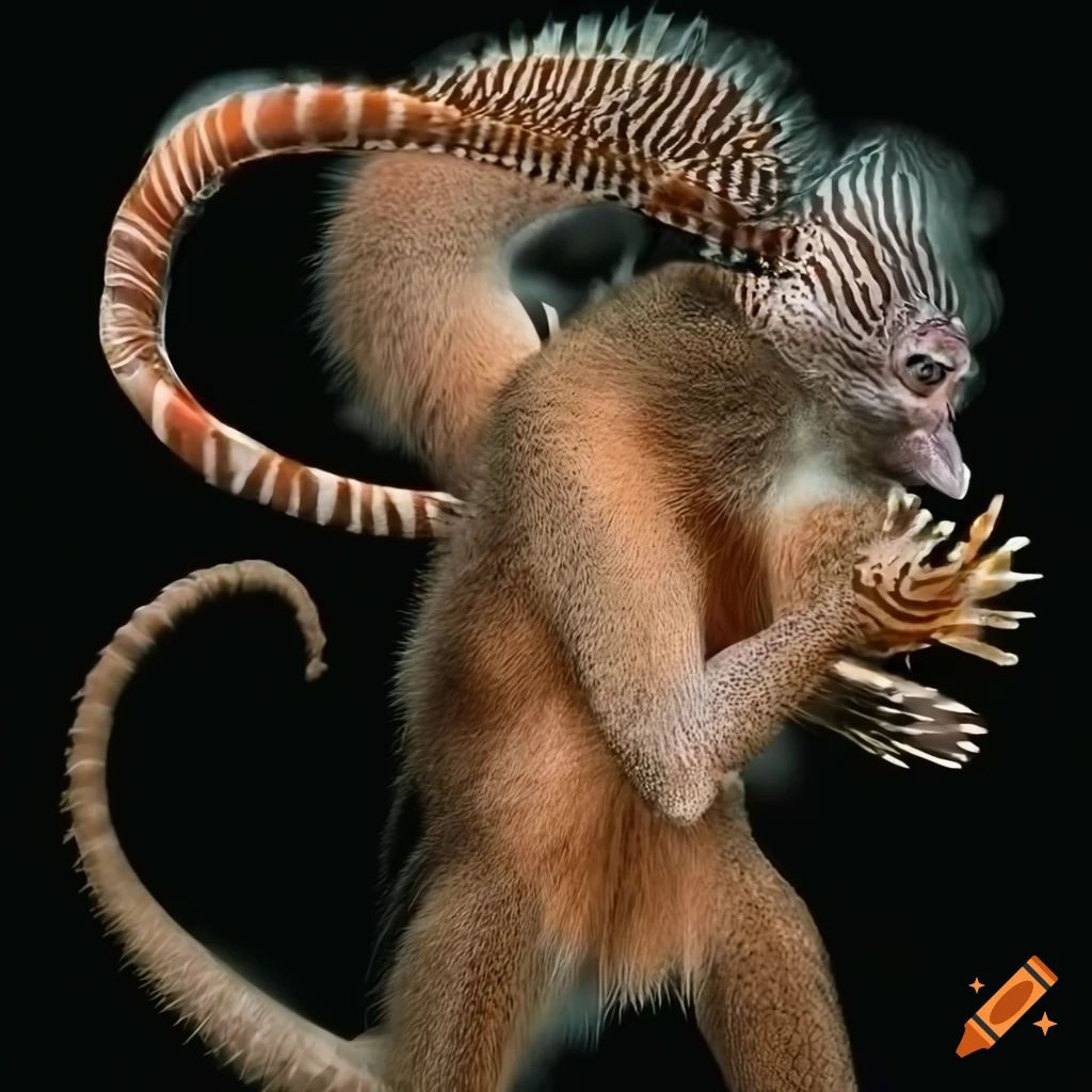 Hybrid creature of uakari monkey and lionfish in high-resolution photo