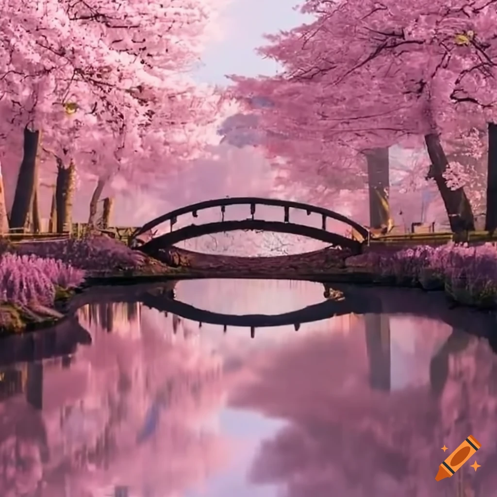 Japanese bridge with cherry blossoms on each side