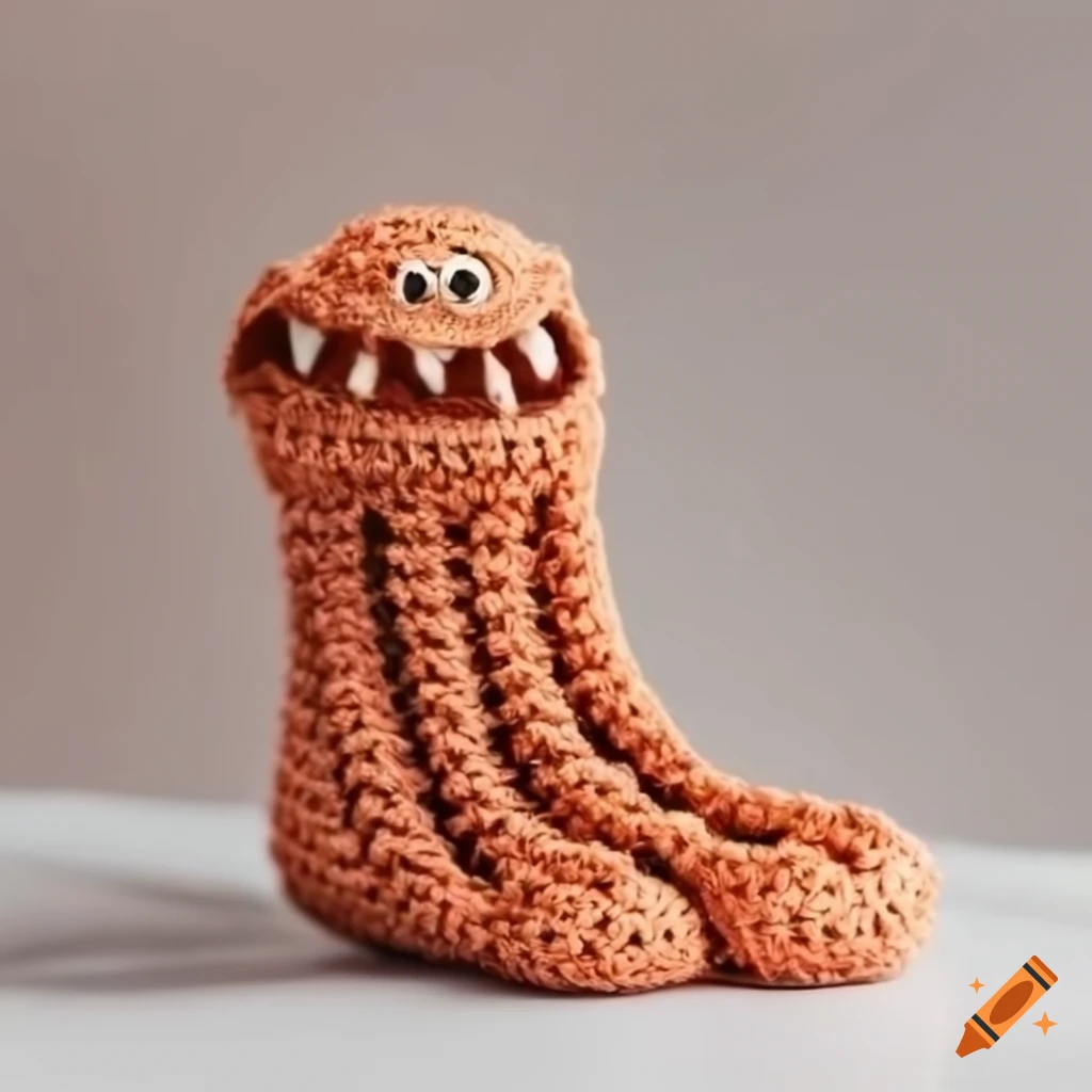 High heel shoe made in crochet resembling a monster in photographic quality