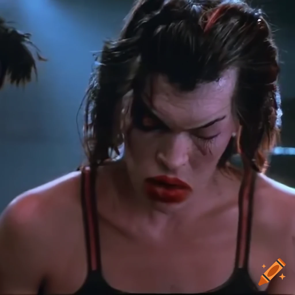 90's movie screencap of female fighter with expressive facial closeup