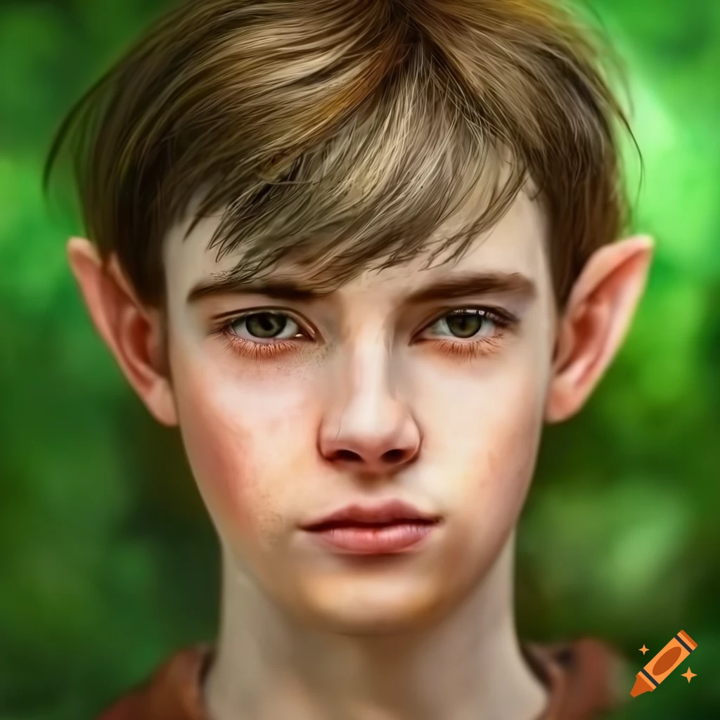 Portrait of a young European male in elven attire amidst lush foliage ...