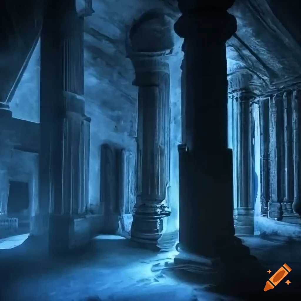 Eerie blue light in an ancient temple chamber with a solitary figure