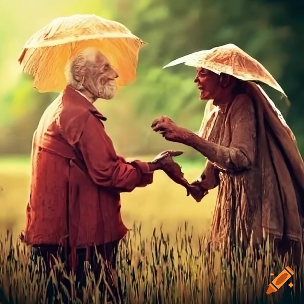 Elderly farmer talking happily to his wife about the approaching rain