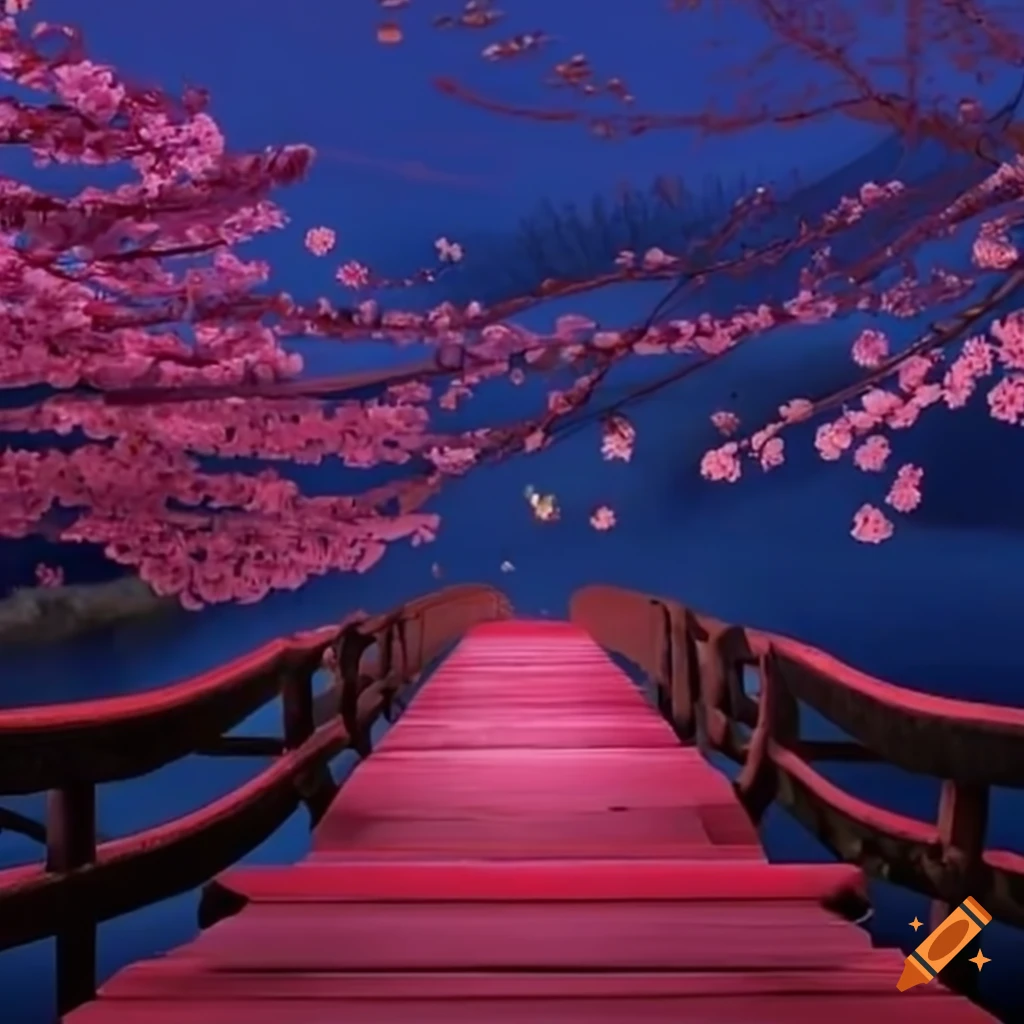 Japanese bridge with cherry blossoms on each side