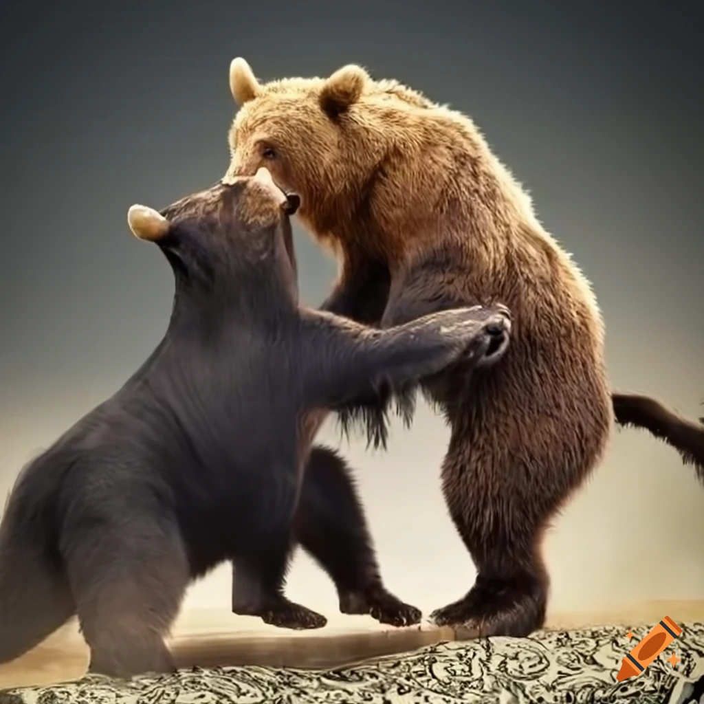 Black bull fighting brown bear over piles of dollars in financial market concept
