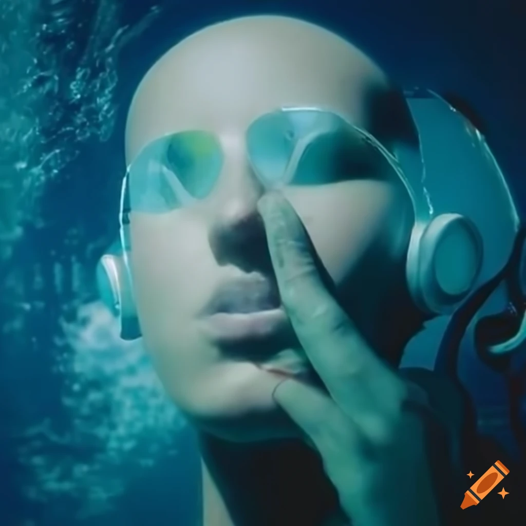 Silver man listening to music with headphones underwater in y2k aesthetic