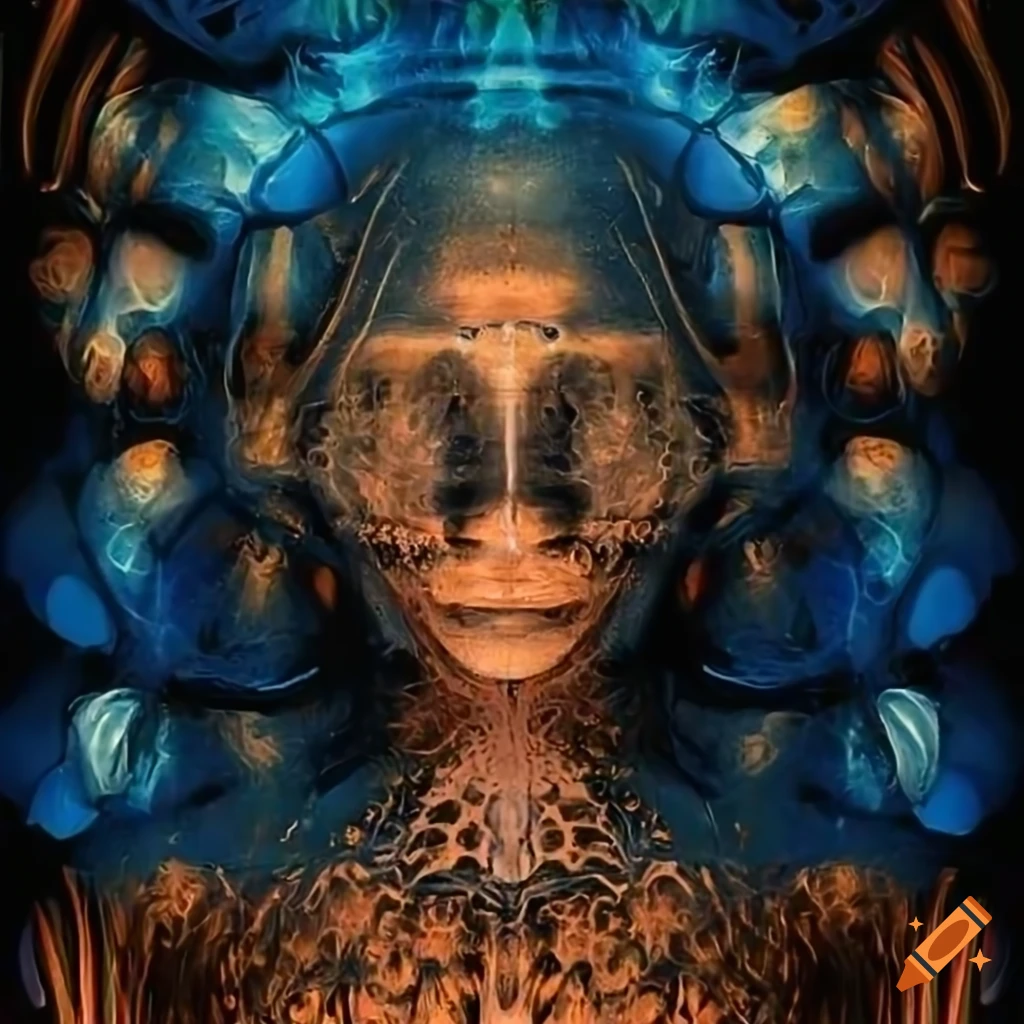 Biomechanoid woman face with metallic surfaces in a detailed abstract painting
